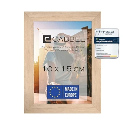 Abbildung von CABBEL Bilderrahmen 10x15 cm, Natur, stabiles MDF Holz Rahmen, bruchsicherem Plexi Glas, zum Aufhängen &amp; Aufstellen, ideal für Fotos/Bilder/Collage