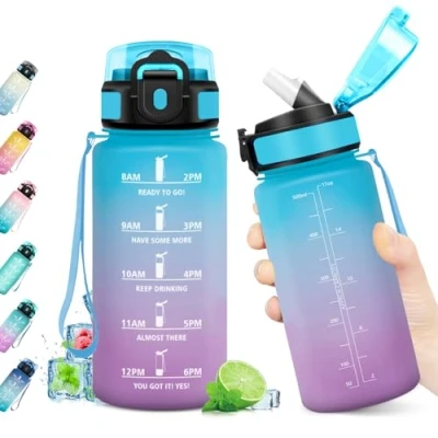 Abbildung von Trinkflasche 500ml, BPA frei, Wasserflasche mit Strohhalm &amp; Zeitmarkierung, Auslaufsicher, Kohlensäure Geeignet, für Kinder, Gym, Camping, Wandern, Fahrrad, Yoga, Sport