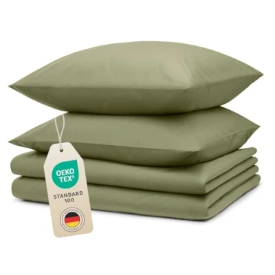 Abbildung von Blumtal Bettwäsche 2X 135x200cm + 40x80cm Kopfkissenbezug Oeko TEX zert. Mikrofaser Set Bettbezug Deckenbezug Kissenbezug 4 teilig Duvet Cover Light Olive Grün