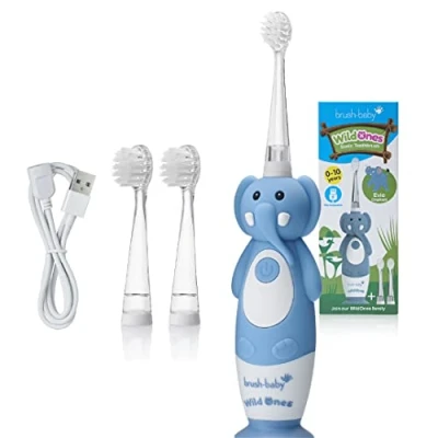 Abbildung von Brush Baby WildOnes Kinder Elektrische Wiederaufladbare Zahnbürste Elefant, 1 Griff, 3 Bürstenköpfe, USB Ladekabel, für Alter 0 10 (Elefant) Elephant