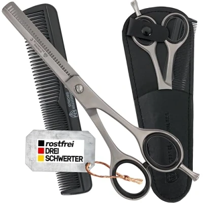 Abbildung von DREI SCHWERTER Rostfreie professionelle Effilierschere Haarschere im Etui NEU mit Kamm