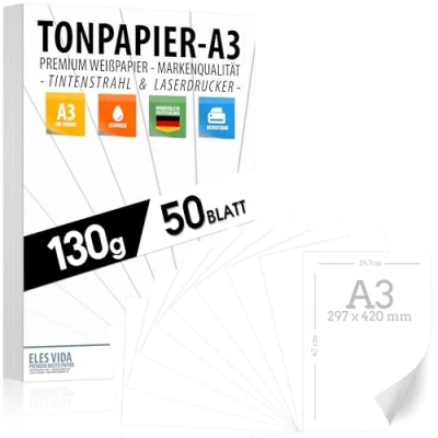 Abbildung von TONZEICHENpapier A3 130g 50 Blätter Bastel Bogen Stabiles Zeichenpapier, Pappe zum Basteln, Zeichenkarton DIY Kreativ Zubehör für Fotoalben Weiß