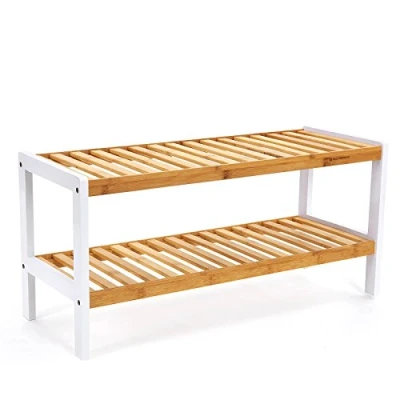 Abbildung von SONGMICS Schuhregal aus Bambus, Schuhablage mit 2 Ebenen, Schuh Organizer, Regal für Schuhe, Pflanzen, Bücher, Wohnzimmer, Flur, Schlafzimmer, Badezimmer, 26 x 70 33 cm, weiß naturfarben LBS02H