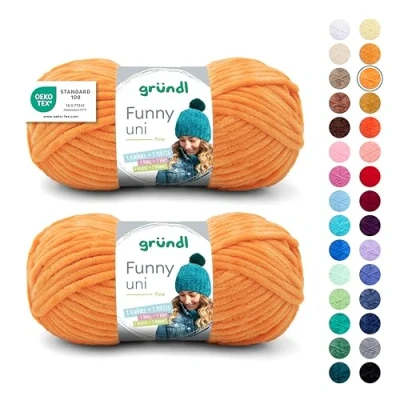 Abbildung von Gründl Wolle Funny uni, weiches Chneillegarn zum Stricken und Häkeln aus 100% Polyester, 2 Knäuel (100 g/ 120 m, Nadelstärke: 5 6), Gelb