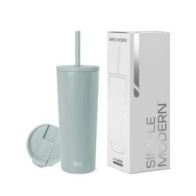 Abbildung von Simple Modern Thermobecher mit Strohhalm und Deckel Trinkbecher Henkel Wiederverwendbare Edelstahl Geschenke für Frauen Männer Classic 710ml Sea Glass Sage