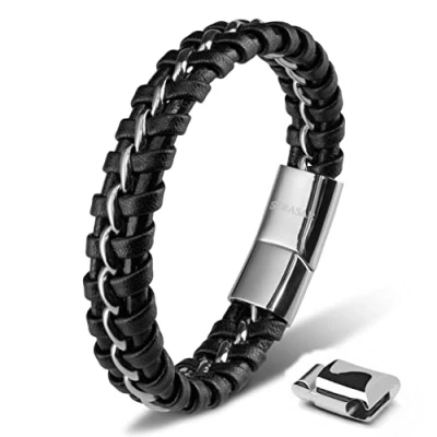 Abbildung von SERASAR Silber Armband 17cm Herrenarmband Männer Leder Armreif Herren Lederband Herrenarmreif Armschmuck Schmuck Armkette Flecht Wickelarmband Kette