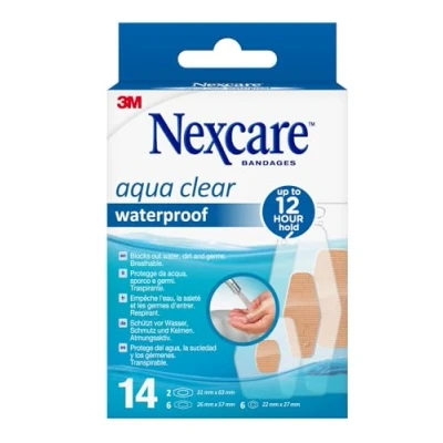 Abbildung von Nexcare Aqua Clear Waterproof Pflaster, Verschiedene Größen 14 Pflaster pro Packung Wasserresistente für Wunden und kleine Kratzer, Erste Hilfe Kits