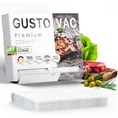 Abbildung von GustoVac Premium Vakuumbeutel, 100 Stk. 25x35cm Profi Folienbeutel, Vakuumierbeutel für Vakuumierer, Kochfest &amp; Sous Vide Gefrierbeutel, Lebensmittel Vakuumiergerät, Made in Germany, BPA frei