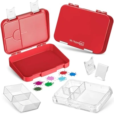 Abbildung von My Vesperbox Len Bento Box Kinder Lunchbox mit 4+2 Fächern extrem robust Brotdose Brotbox ideal für Kindergarten und Schule… (Rot Weiß)