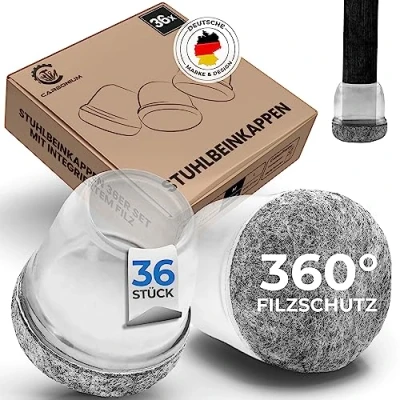 Abbildung von 36 Stuhlbeinkappen transparent mit grauem Filz Ideal auch für schräge Stuhlbeine Langlebige Stuhlbeinschoner Stühle [Rund] Premium Filzgleiter Stühle, Sofa, Tisch 21 27mm Durchmesser