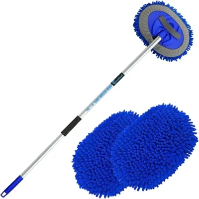 Abbildung von GreatCool 160CM Autowaschbürste Waschbürste Auto mit Langer Griff,2 in 1 Blau Mikrofaser Chenille Autowaschmopp Waschhandschuh Reinigungsbürste für Autos,Lastwagen,Wohnmobile（2 x Moppkopf）