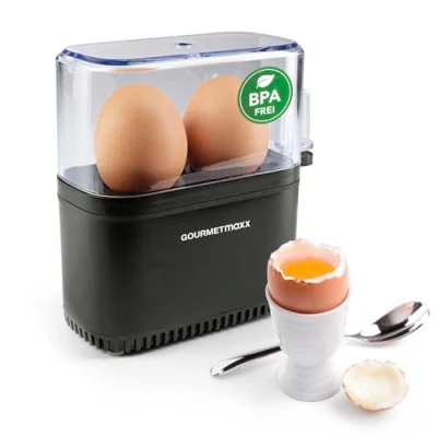 Abbildung von GOURMETmaxx Design Eierkocher für 2 Eier kompakter Egg Boiler Cooker mit Eierstecher, Messbecher &amp; Signalton 3 Härtegrade leichte Reinigung spülmaschinenfeste Teile