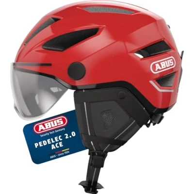 Abbildung von ABUS Stadthelm Pedelec 2.0 ACE Fahrradhelm mit Rücklicht, Visier, Regenhaube, Ohrenschutz für Damen und Herren Rot, Größe S