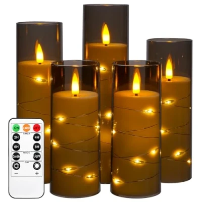 Abbildung von Da by Led Kerzen mit Eingelassener Lichterkette，Batteriebetriebene Fernbedienung und 24 Stunde Timer，Flackernde Für Weihnachtsdekoration Heimdekoration(Grau, 5er Set)