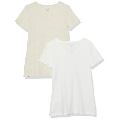 Abbildung von Amazon Essentials Damen T Shirt mit kurzen Ärmeln und V Ausschnitt in normaler Passform, 2er Pack, Haferbeige Meliert/Weiß, XL