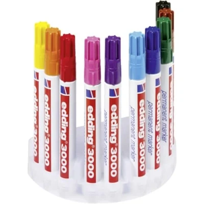 Abbildung von edding 3000 Permanentmarker 10 Stifte in Stiftehalter Rund Spitze 1,5 3 mm schnell trocknender Permanent Marker wasserfest, wischfest für Karton, Kunststoff, Holz, Metall Universalmarker