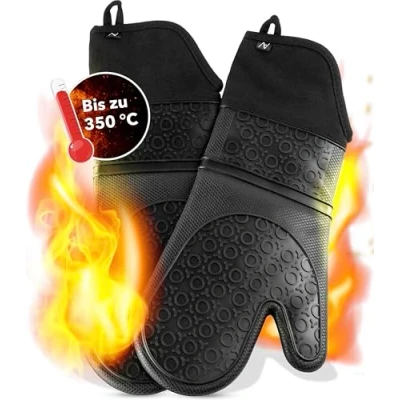Abbildung von AVANA Silikon Ofenhandschuhe Hitzebeständige Anti Rutsch Kochhandschuh mit weichem Baumwoll Innenfutter bis zu 350C Handschuhe für Kochen und Backen Schwarz