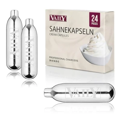 Abbildung von Vaily Sahnekapseln 24er Pack N2O Kapseln für Sahnespender und Sahnesyphons Zum einfachen Zubereiten von Sahne, Espumas, Suppen mehr