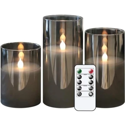 Abbildung von Eldnacele led Kerzen mit Timerfunktion flackernde Flamme, elektrische Echtwachskerzen im Glas, 3 teilige flammenlose Set, Stumpenkerzen Fernbedienung, Art u. Zimmer Deko, Grau