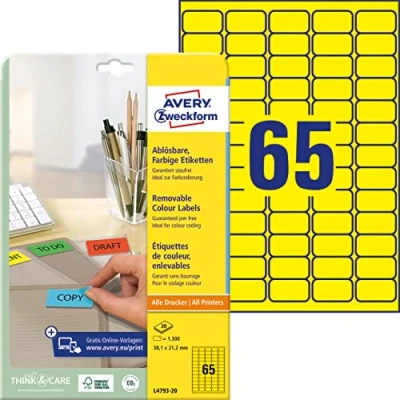 Abbildung von AVERY Zweckform L4793 20 Gelbe Etiketten (1.300 Aufkleber, 38,1x21,2 mm auf A4, wieder rückstandsfrei ablösbar, selbstklebende Farbetiketten, Papier matt, bedruckbare, farbige Klebeetiketten) Blatt