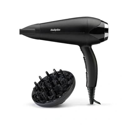 Abbildung von BaByliss Turbo Smooth 2200 Haartrockner mit Düse und Diffusor für Naturlocken, Leistungsstarke Watt, Ionen Technologie Anti Frizz Effekt, schwarz silber, D572DE