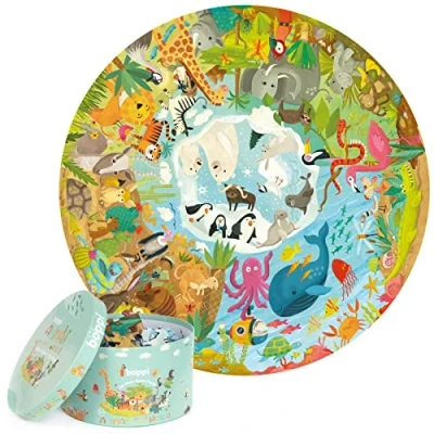 Abbildung von boppi Tiere auf der ganzen Welt Rundes Puzzle aus 100% recyceltem Karton, Dschungel, Wüste, Ozean und Waldtiere 150 Teile für Kinder 3 4 5 6 7 8 Jahre, 58cm Durchmesser