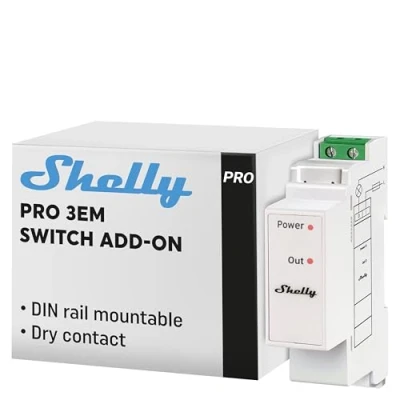 Abbildung von Shelly Pro 3EM Switch Add On für mit Potentialfreien Kontakten 2A DIN Schienenmontage Schützsteuerung Hausautomation iOS Android App Kein Hub Erforderlich