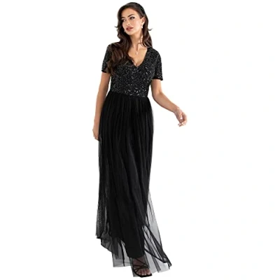 Abbildung von Maya Deluxe Abendkleid mit Pailletten Cocktailkleid Damen V Ausschnitt Tüllkleid Schwarz Größe 42