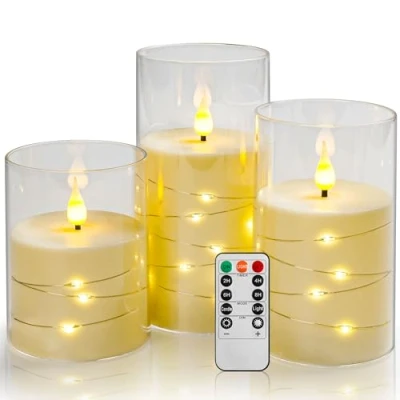 Abbildung von Da by LED Kerzen, weiß Lichterkettenkerzen, Batteriekerzen, mit eingebetteten Lichterketten 3 teilige flammenlose Kerzen(Batterie nicht im Lieferumfang enthalten)