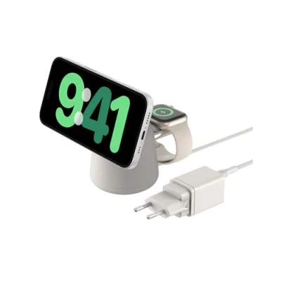 Abbildung von Belkin BoostCharge Pro kabellose 2 in 1 Ladestation mit MagSafe (15 W), Ladegerät, kompatibel iPhone der Serien 16, 15, 14, 13, 12, AirPods und Anderen fähigen Geräten