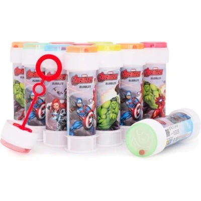 Abbildung von Toyland® 12er Pack Avengers Seifenblasenbehälter mit Stäben, 60 ml Lösung und originellem Labyrinthdeckel Taschengeld Partytütenspielzeug