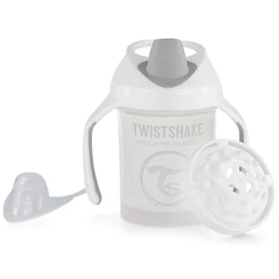 Abbildung von Twistshake Mini Cup mit Silizium Auslaufsichere Dichtung, Trinkschnabel und Haltegriff 230ml, Trinklernbecher Silikonauslauf Sauger Fruchtmischer, 4+ Monate, BPA Frei, Weiß