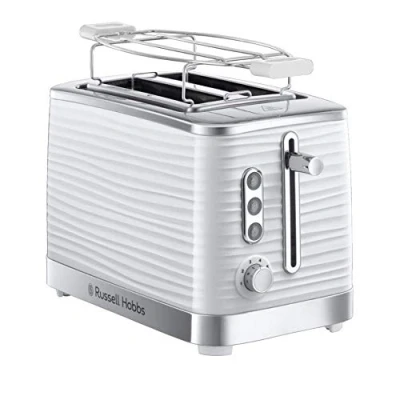 Abbildung von Russell Hobbs Toaster [für 2 Scheiben] Inspire Weiss mit hochwertiger Hochglanz Struktur (extra breite Toastschlitze, inkl. Brötchenaufsatz, 6 Bräunungsstufen + Auftau &amp; Aufwärmfunktion) 24370 56