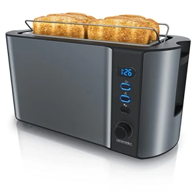 Abbildung von Arendo Edelstahl Toaster Langschlitz 4 Scheiben, Defrost, wärmeisolierendes Gehäuse, mit integriertem Brötchenaufsatz, 1500W, Krümelschublade, Display, Cool Grey