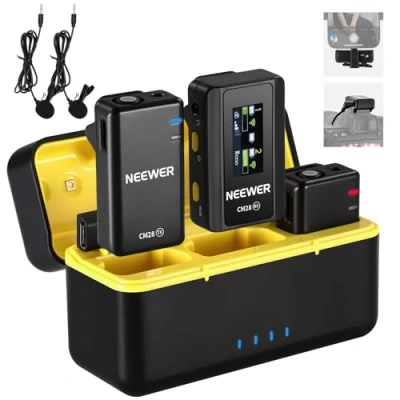 Abbildung von NEEWER CM28 kabelloses Lavalier Mikrofonsystem mit Ladeetui, 2 Mikrofon Clips,1 klick Geräuschunterdrückung, 4GB Speicher, 9 Std. Spielzeit, Ansteckmikros kompatibel iPhone/Android/PC/Kamera/iPad