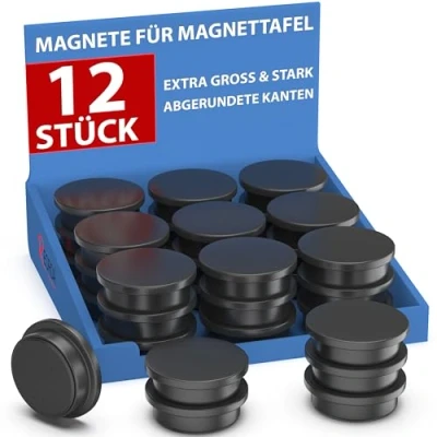 Abbildung von REORDA® Magnete für Magnettafel stark 12x Starke Whiteboard, Pinnwand, als Kühlschrank &amp; Tafelmagnete haftend, rund Schwarz