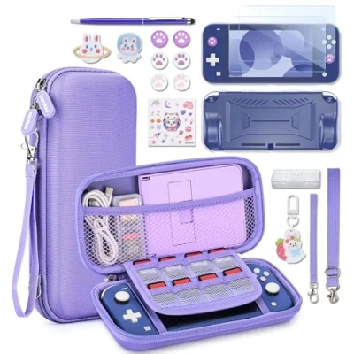 Abbildung von innoAura Switch Lite Hülle 17 in 1 Zubehör mit Tasche, Spiele Aufbewahrung, Schutzfolie für Lite, Ständer, Joystick Kappen(Lila)