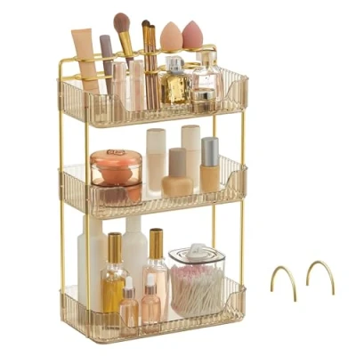 Abbildung von SONGMICS Make up Organizer, 2 Typen von Zubehörteilen, Kosmetik Organizer 3 Ebenen, rechteckig, anpassbar, Aufbewahrung für Schminktisch, Geschenkidee, Champagnergold JKA013A01