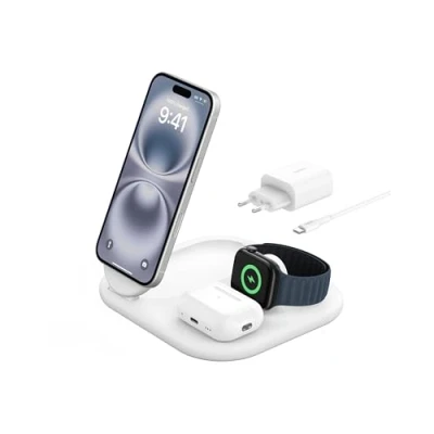 Abbildung von Belkin BoostCharge Ladegerät induktive 3 in 1 Ladestation Qi2, 15 W, klappbar MagSafe kompatibles Ständer für Apple iPhone 16/15, Watch, AirPods, rutschfest, Schnellladen, mit Netzteil Weiß