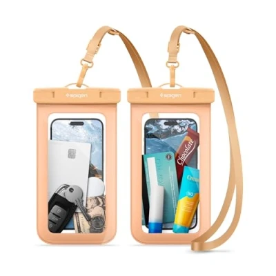 Abbildung von Spigen wasserdichte Handyhülle [Aqua Shield] [2 Stuck] IPX wasserfeste Handytasche Unterwasser Hülle kompatibel mit iPhone 16/15/14/13 Serien, Galaxy S25/S24/S23 und Allen Smartphones Apricot