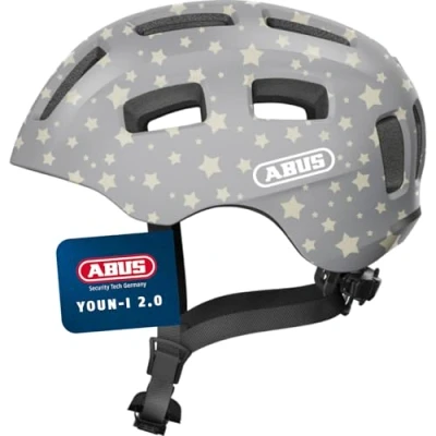 Abbildung von ABUS Fahrradhelm Youn I 2.0 mit Licht für Kinder, Jugendliche und junge Erwachsene Mädels Jungs Grau Stern Muster, Größe M