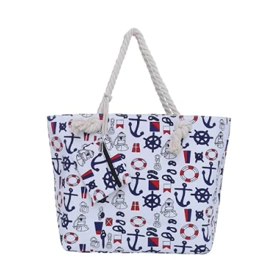 Abbildung von DonDon Strandtasche XXL Familie Badetasche Damen mit Reißverschluss Beach bag groß Schiff weiß blau rot