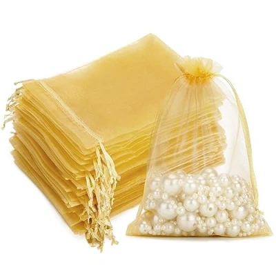 Abbildung von G2PLUS 100 Stück Gold Organzasäckchen, 10x15 CM Geschenk Organzabeutel, Hochzeit Organza Beutelchen mit Kordelzug Sie als Bonbonsbeutel, Schmuckbeutel, Geschenkbeutel