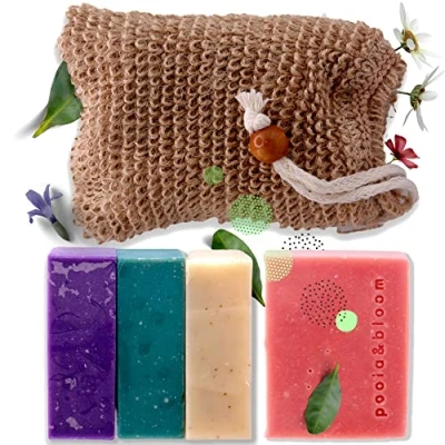 Abbildung von Luxus Handgemachte Seife Fest 4er Pack mit Sisal Seifensäckchen: Kernseife für Körper &amp; Gesicht Männer Frauen Patschuli, Lavendel, Zitrone, Eukalyptus Ohne Palmöl