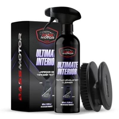 Abbildung von BassMotor Reiniger für Textilpolsterungen von Autositzen und Fußmatten, Innenraumreiniger Autogewebe mit enthaltenem Bürsten Set Einfache Anwendung Frischer Duft Ultimate Interior 500ml + Bürste