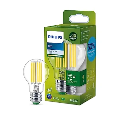 Abbildung von Philips LED Classic ultraeffiziente E27 Lampe mit Energieeffizienzklasse A, ersetzt 75W, klar, kaltweiß