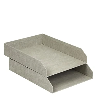 Abbildung von BIGSO BOX OF SWEDEN Hakan 2er Set Briefablage für den Schreibtisch stapelbare Ablagefächer Briefe, Dokumente usw, Ordnungssystem aus Faserplatte mit Papier in Leinenoptik beige