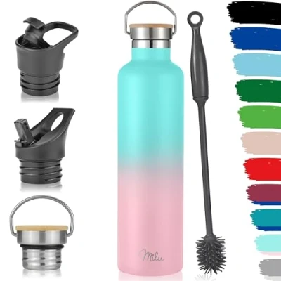 Abbildung von Milu Edelstahl Trinkflasche 500ml, 750ml, 1000ml (+3 Deckel) Thermosflasche mit Strohhalm, Isolierte Wasserflasche, Auslaufsichere Isolierflasche doppelwandig, Kohlensäure geeignet (Mint Rosa, 1L)