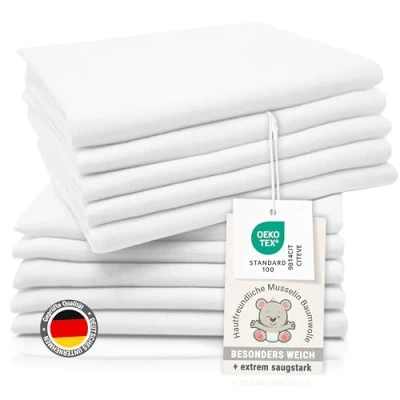 Abbildung von ZOLLNER 10er Set Musselin Spucktücher in 80x80 cm aus Baumwolle hautfreundliche Mulltücher besonders weich und extrem saugstark waschbar bis 95C weiß