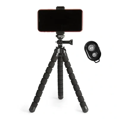 Abbildung von Amazon Basics Stativ, tragbar und flexibel, mit kabelloser Fernbedienung Smartphone Halterung, 25,4 cm lang, Schwarz